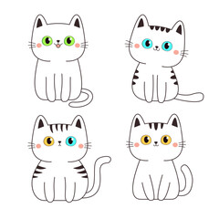 Cute cat set. White kitten face head with yellow, blue, green eyes. Cartoon pet baby character Black contour icon. Funny kawaii animal. Childish style. Flat design. White background. Vector