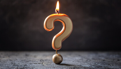 Candle in shape of question mark with flame. Dark backdrop.