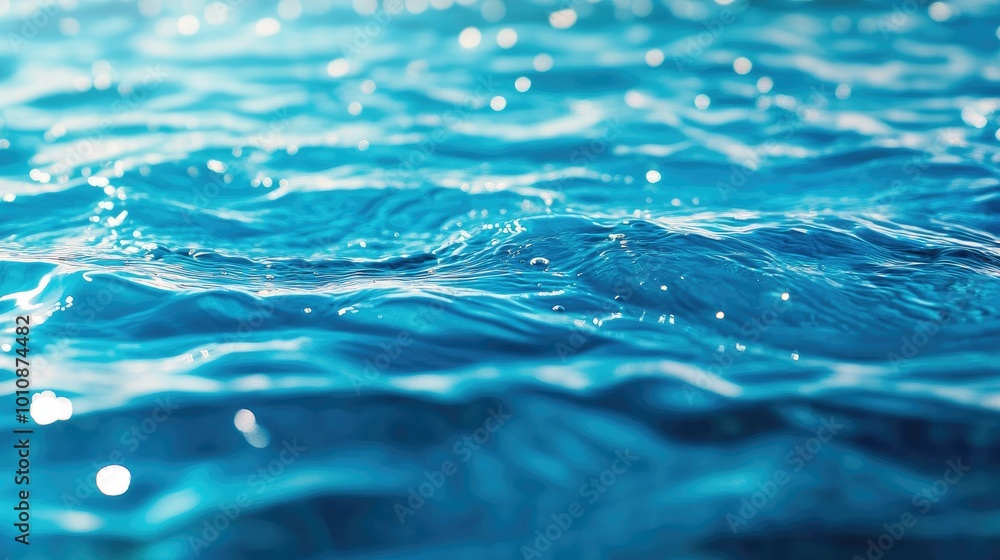 Poster transparent blue water with ripples and defocused texture, shimmering reflections of light. calm sur