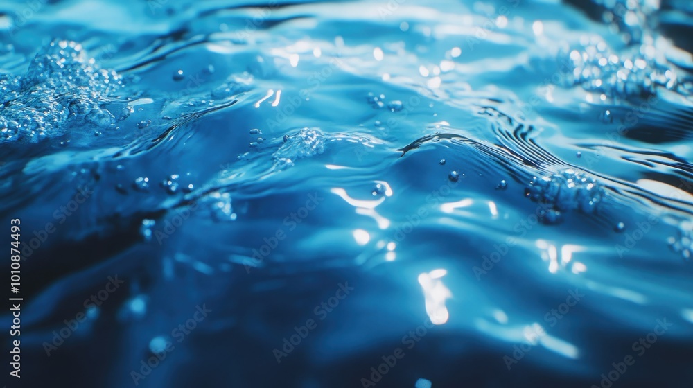 Poster transparent blue water with ripples and defocused texture, shimmering reflections of light. calm sur