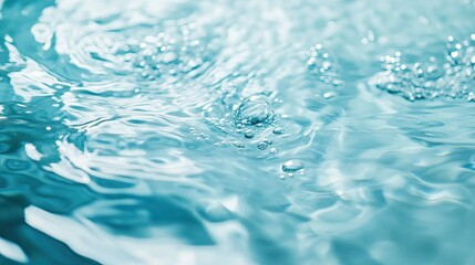 Transparent blue water with ripples and defocused texture, shimmering reflections of light. Calm surface with bubbles and subtle splashes creating beautiful patterns.