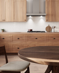 Explore modern kitchen design with elegant wood accents and a stylish round dining table