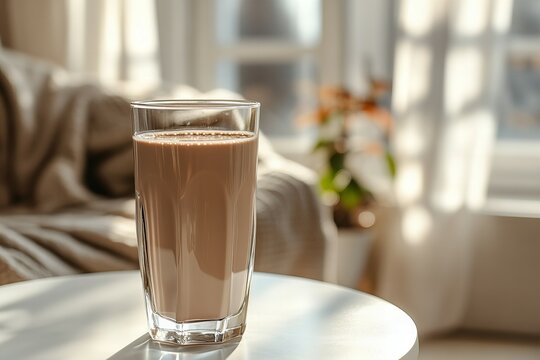 Chocolate milk glass on a stylish wooden table in a bright, modern room with natural sunlight streaming through windows new beautiful stock image illustration AI