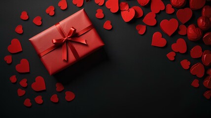 Romantic Valentine mockup featuring a red gift on a black background with red hearts for your message copyspace.