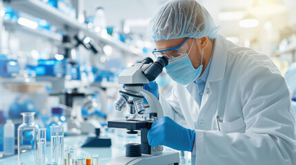 A scientist examines samples through a microscope in a lab filled with glassware and scientific equipment, highlighting research and innovation.
