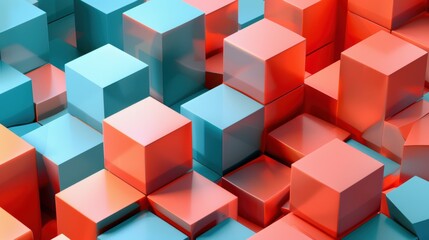 Obraz premium A vibrant arrangement of 3D cubes in shades of blue and coral, creating a visually striking geometric pattern.