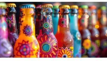 Craft soda bottles with vibrant designs, artistic and refreshing, Culinary, Bright hues, Photograph, Artisanal drinks