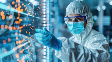A researcher in protective gear interacts with a futuristic display, showcasing advanced technology in a sterile laboratory environment.