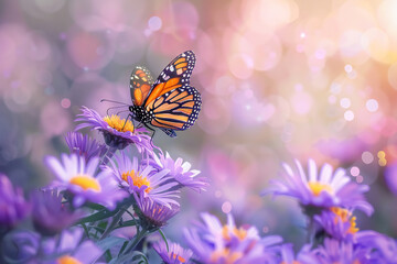 Monarch butterfly resting on vibrant purple flowers in a blooming garden scene






