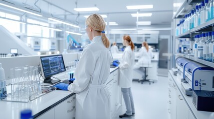 A modern laboratory setting featuring scientists in white coats, engaged in research with computers and various laboratory equipment.