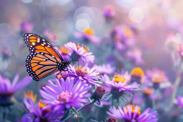 Obraz premium Monarch butterfly resting on vibrant purple flowers in a blooming garden scene