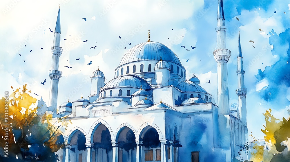 Wall mural watercolor painting of a mosque with blue domes and minarets.