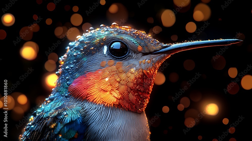 Poster close-up portrait of a hummingbird with raindrops on its feathers, against a bokeh background.