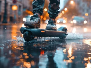 Electric hoverboard in action, modern and thrilling, Urban, Cool tones, Photograph, Urban adventure