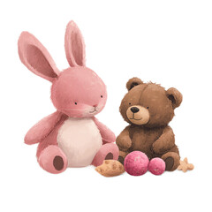 Cute Plush Bunny and Bear Toys Sitting Together with Playful Objects