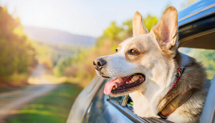 Head of happy dog looking out of rear car window.