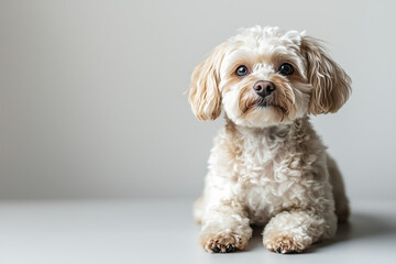 Small White Dog Sitting Upright
Cute Small Dog with Fluffy Coat Sitting Calmly