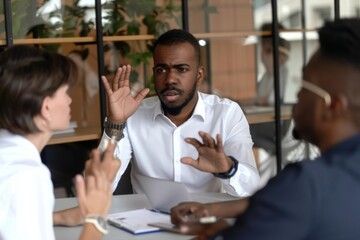 A confident African American male leads a diverse group in a collaborative meeting, discussing innovative business ideas in a contemporary office environment.