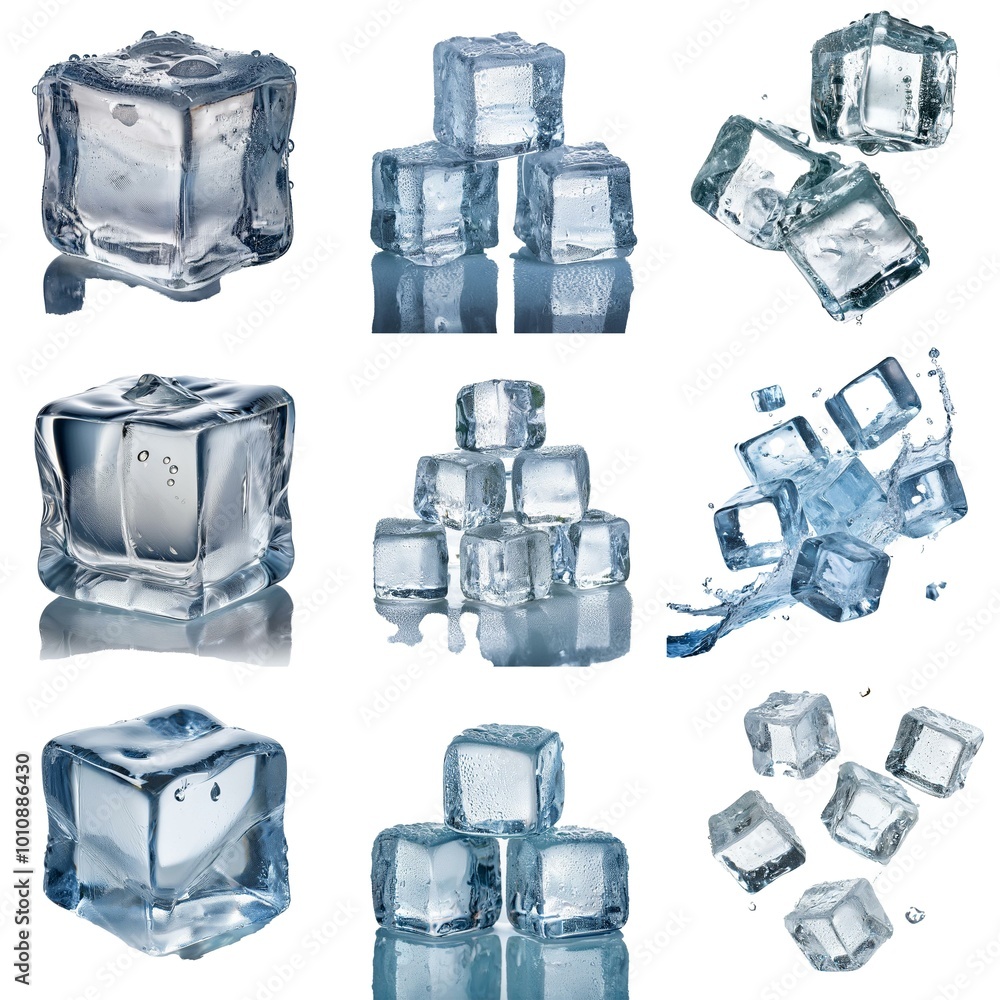 Aufkleber multiple ice cubes isolated against a white background with some water drops and splashes.