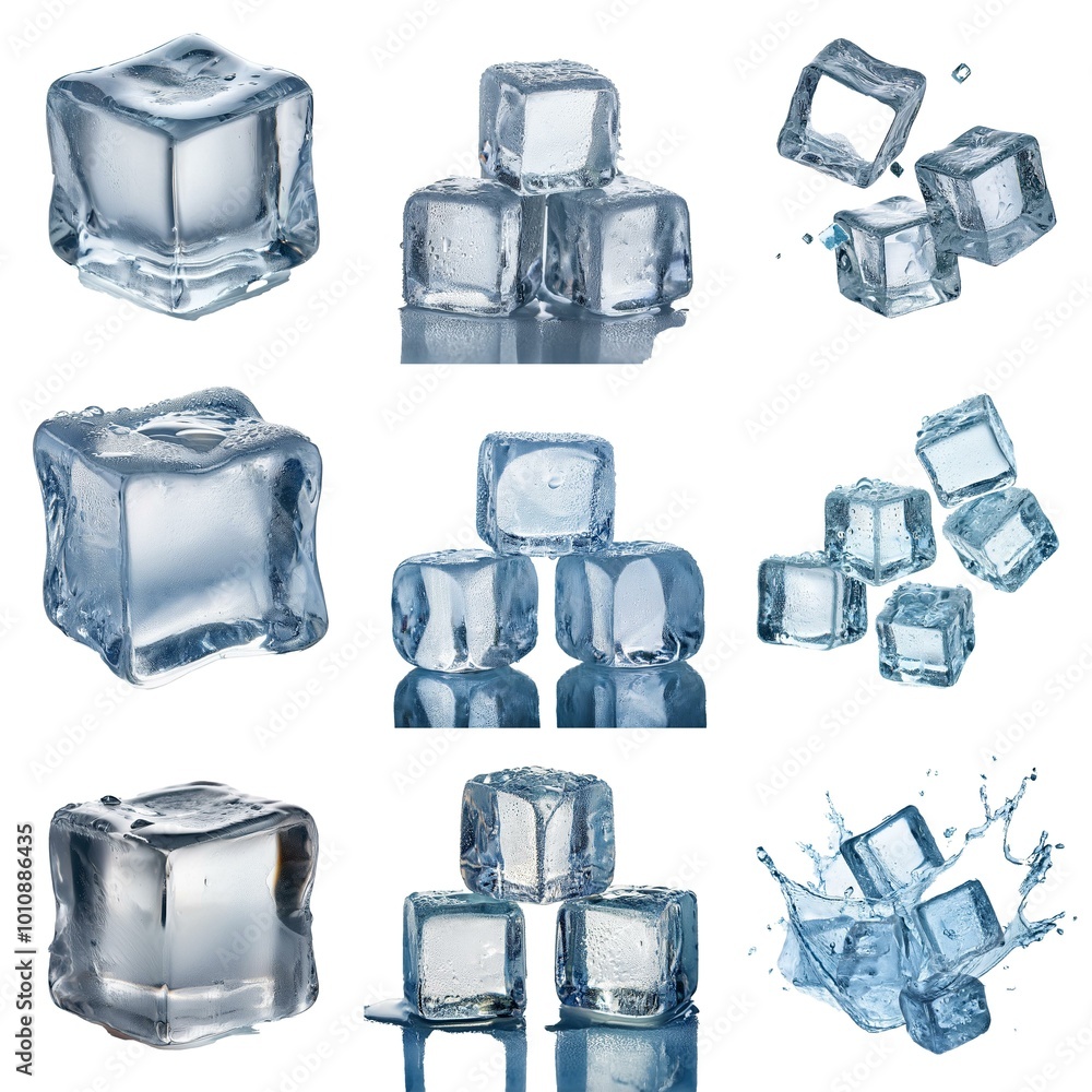 Aufkleber Multiple ice cubes in various arrangements, some with water droplets and one with a splash of water.