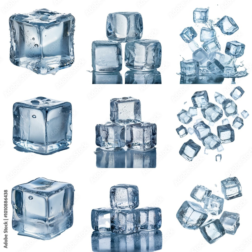 Aufkleber nine images of ice cubes, arranged in various positions, including single cubes, stacks, and ice cub