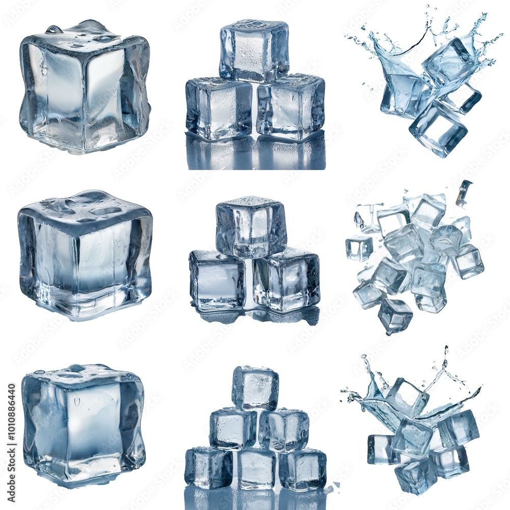Poster multiple ice cubes in various arrangements, some with water splashing.