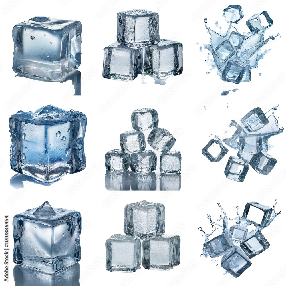 Aufkleber Multiple ice cubes in various positions isolated on a white background. Some are in stacks while others are in mid-air surrounded by water splashes.