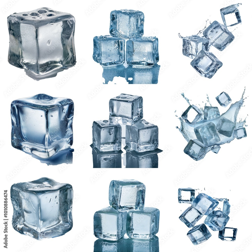 Poster multiple ice cubes on a white background. some are isolated, while others are shown in a water splas