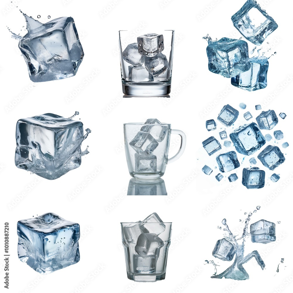 Aufkleber multiple ice cubes, some falling into glasses and others creating splashes, isolated on a white back