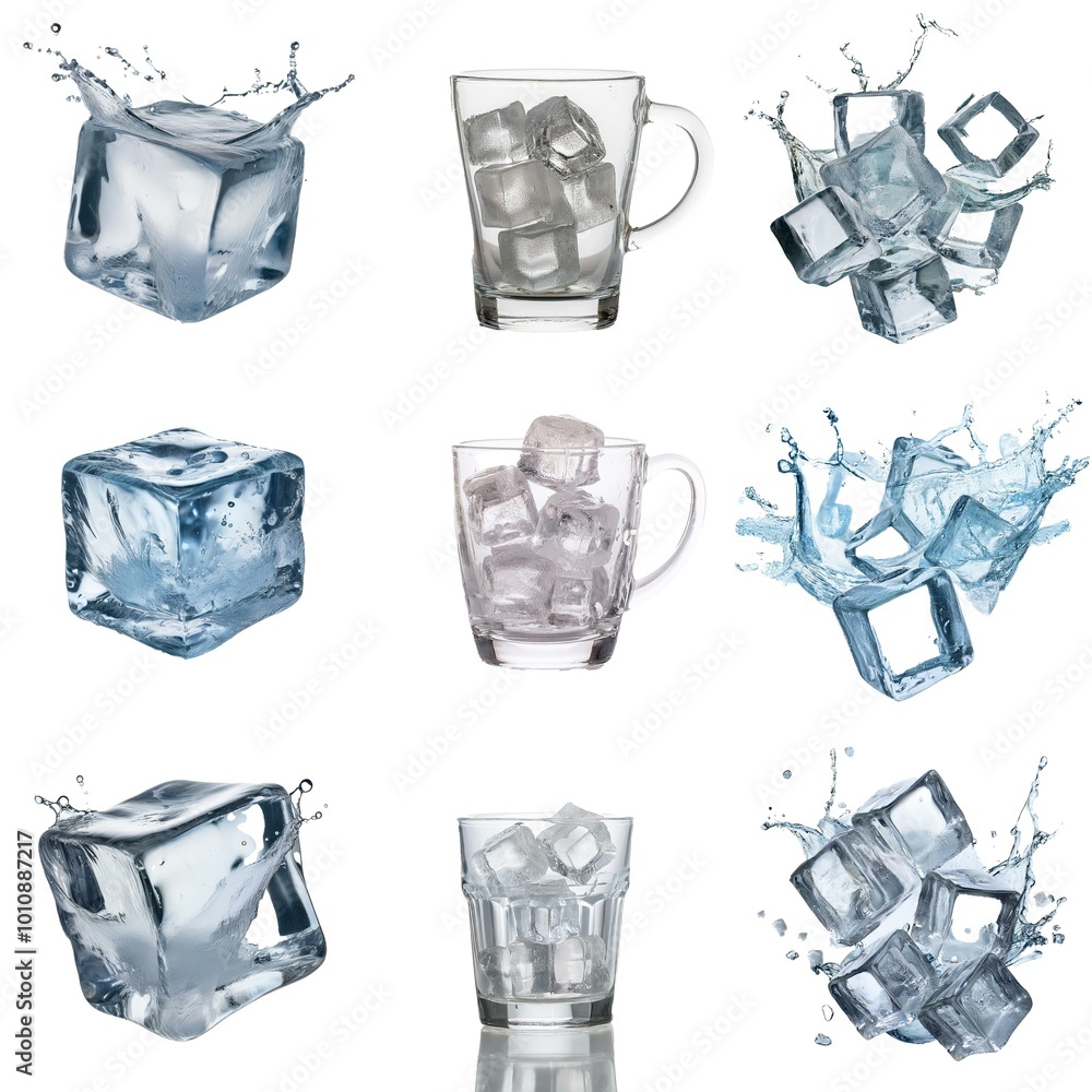 Aufkleber multiple images of ice cubes with water splashes and in clear glasses.