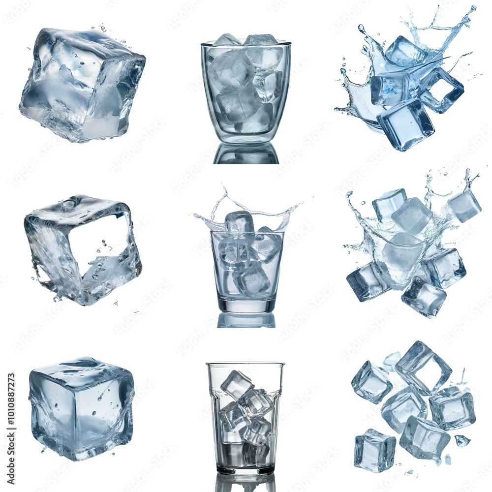 Aufkleber Multiple ice cubes isolated on a white background, some in glasses, others with water splashes.