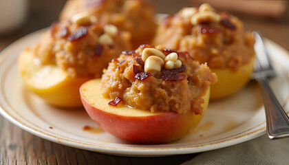 Stuffed baked peaches with caramel and nuts in warm fall colors