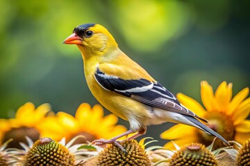 American Goldfinch feasting on sunflower seeds while swaying in a soft breeze—nature’s beauty displayed through vibrant