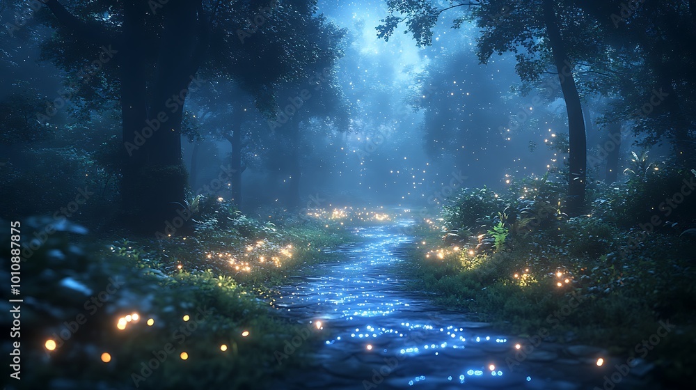 Poster a magical, moonlit forest path illuminated by fireflies with a stream running down the center.