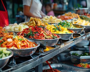 Obraz premium Street food vendor with vibrant dishes, dynamic and inviting, Urban, Bright hues, Photograph, Culinary delight