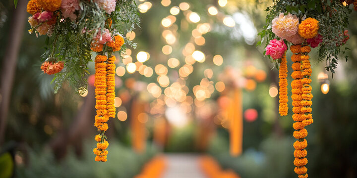 Garlands of orange marigolds against a blurred background of a park, house or temple. Banner template for autumn festival or toran Indian traditional Diwali, Day of dead, wedding copyspace