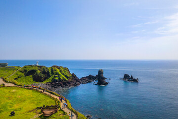 Seopjikoji Beach near Seogwipo-si, Jeju-do, Korea - May 29, 2019: Seopji means a place where many men with good talents are born, and Koji is a Jeju dialect meaning Cape.