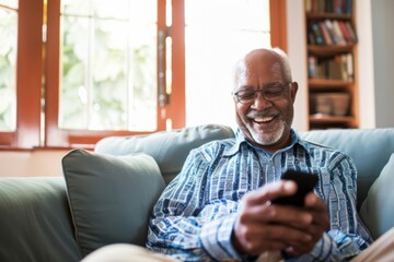 A cheerful man sits comfortably on a soft couch, fully absorbed in his cellphone. With a wide smile, he enjoys this quiet afternoon while surrounded by a warm and inviting living room.