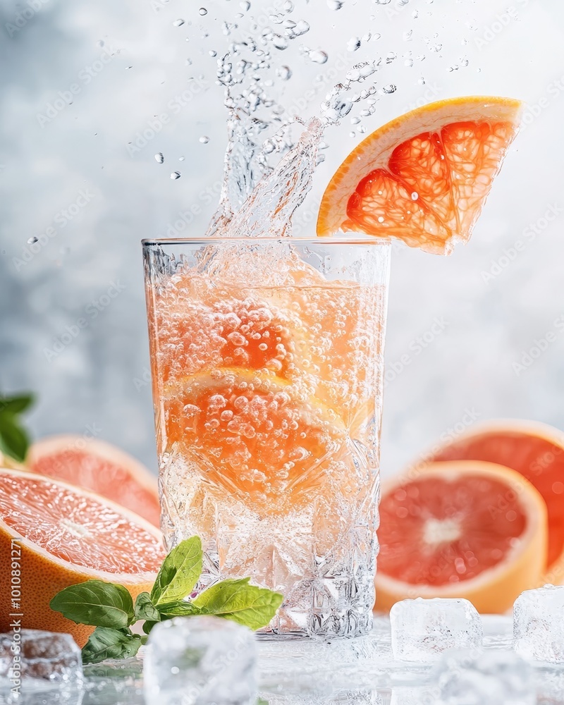 Poster a refreshing drink with grapefruit slices splashing in a glass, surrounded by ice and fruit.
