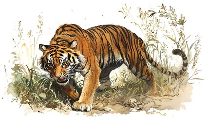 Obraz premium Watercolor Illustration of a Tiger in the Grass.