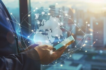 A professional engages with a mobile device, exploring digital marketing opportunities while overlooking a modern cityscape, symbolizing global connectivity and innovation.