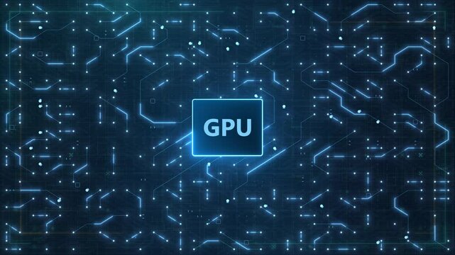 GPU processing concept with circuits and digital technology. Blue glowing lines represent data transfer, network connectivity, AI, and virtual mining. 