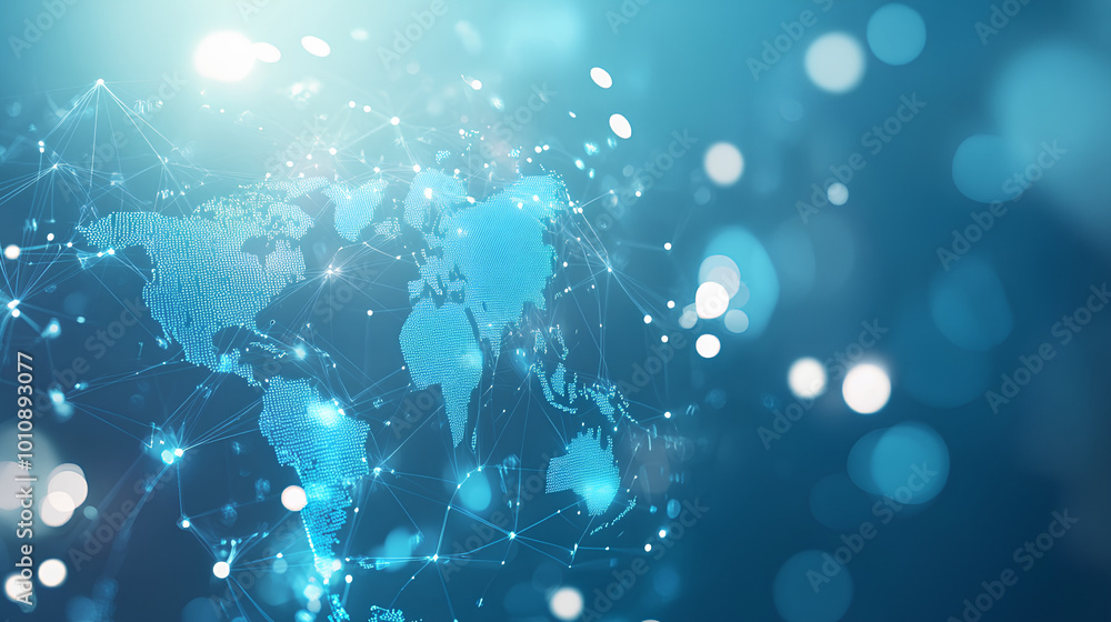 Poster light blue background with a digital world map and global network connections, representing the conc