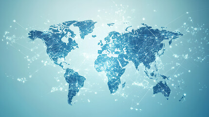 light blue background with a digital world map and global network connections, representing the concept of international business or connectivity 