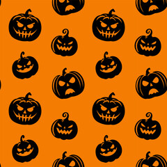 Dark scary pumpkins on orange background seamless pattern. Halloween background. Vector illustration