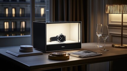 A stylish watch displayed in a lit showcase on a modern desk.