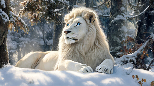 Male lion in the snow with snowflakes in the background ,Portrait of a Beautiful lion, snowfall is coming, a male lion in the snow, Animal portrait

