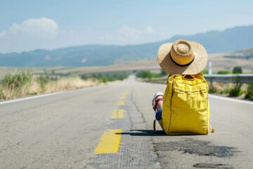 A bright yellow travel bag sits on the roadside, accompanied by a straw hat, inviting spontaneous adventure against stunning landscape views and an endless horizon.