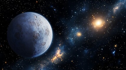 Fototapeta premium An ultrarealistic depiction of a galaxy far, far away, with vibrant hues of blue, purple, and gold intertwining to create a breathtaking celestial scene.