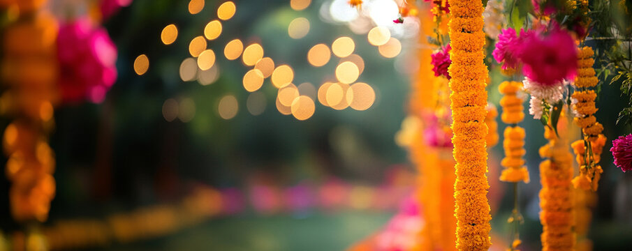 Garlands of orange marigolds against a blurred background of a park, house or temple. Banner template for autumn festival or toran Indian traditional Diwali, Day of dead, wedding copyspace